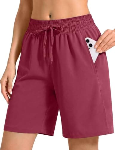 REWKOY 7" Womens Athletic Shorts Basic Running Shorts Lightweight Quick Dry Gym Workout Shorts with Pockets Burgundy L
