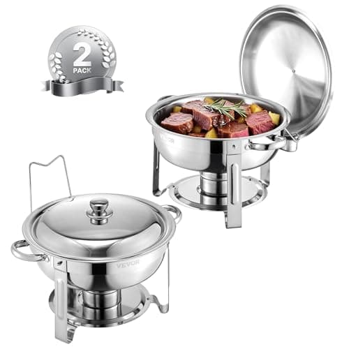 VEVOR Chafing Dish Buffet Set, 5 Qt 2 Pack, Stainless Steel Chafer with 2 Full Size Pans, Round Catering Warmer Server with Lid Water Pan Folding Stand Clip, for Weddings Parties Banquets, Silver