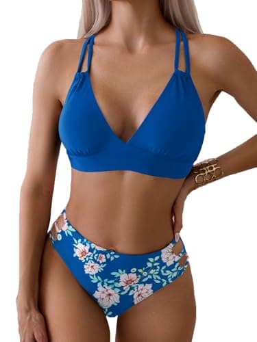 Fanuerg Women's Sexy V Neck Bikini Sets Hollow Out Two Piece Swimsuits Cutout Mid Waist Bathing Suit Blue Floral XL