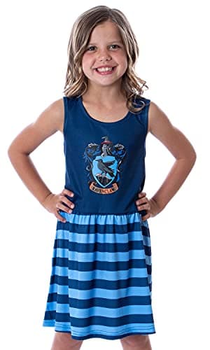 Harry Potter Girls All Houses Crest Logo Tank Stripe Accent Pajama Nightgown, 14/16 Ravenclaw Blue