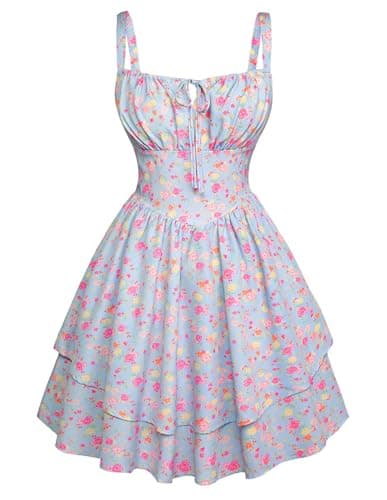 Scarlet Darkness Floral Mini Corset Dress for Women Teen 2026 Summer Spring Flowy A-Line Sundress with Pockets Blue Brown Orange Floral XXL
