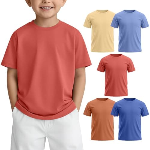 LessonZoo 5 Pack Toddler Boys Short Sleeve Shirts Little Kids T-Shirts Summer Loose Fit Crewneck Top Basic Tee 18M-5T(Dark Blue, Orange, Coral, Sky Blue, Yellow,4T)