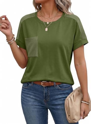 SHEWIN Summer Tops for Women 2026 Trendy Ladies Top Green Short Sleeve T Shirts Cute Casual Crew Neck Solid Loose Basic Tees 2026 Fashion Spring Womens Boutique Clothes Size XL