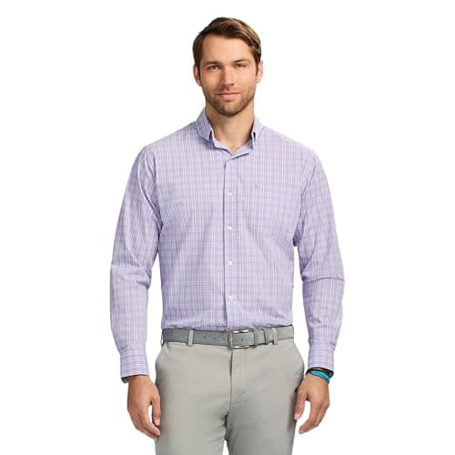 Izod Men's Performance Comfort Long Sleeve Plaid Button Down, Viola, Small