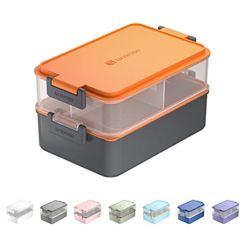 linoroso Stackable 2-Tier Adult Bento Box, 4 Compartments - Lava Orange