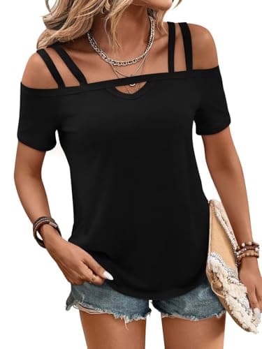 Bliwov Womens Cold Shoulder Tops Short Sleeve Cute Sexy Summer Spring Beach Vacation T Shirts Fashion Outfits Basic Clothes Black