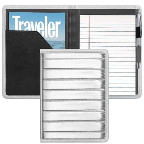 Euousu A5 Padfolio Business Portfolio Folder,Junior Size Document Folder Organizer, Padfolio with Interior Pocket and Pen Loop, 5 x 8 Writing Pad Included. Silver