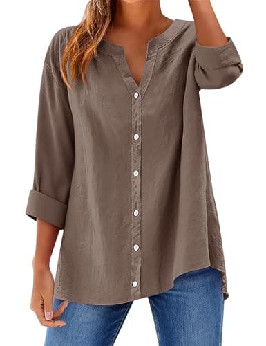 LOMON Long Sleeve Button Up Shirts for Women Cotton Linen Button Down Shirt V Neck Loose Dressy Work Blouse Grey Brown XL
