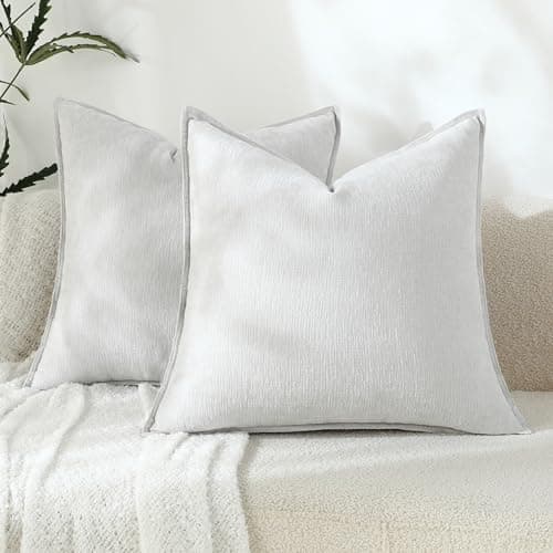 Stellhome Soft Decorative Chenille Pillow Covers 18x18 Inch Natural Light Grey Boho Farmhouse Neutral Couch Throw Pillows for Bed Sofa Livingroom Pack of 2 Accent Modern Pillowcase Home Decor