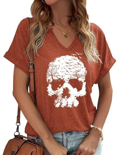 Skull V Neck Shirts for Women Fall Skeleton Funny Gothic Graphic Casual Short Sleeve Tee Novelty Horror Shirts(L,H-Brown)