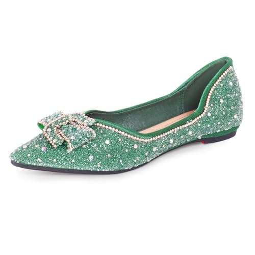 Women's Rhinestone Flats Sparkly Pointed Toe Ballet Flats with Memory Foam for Wedding Evening Party Work Green 8