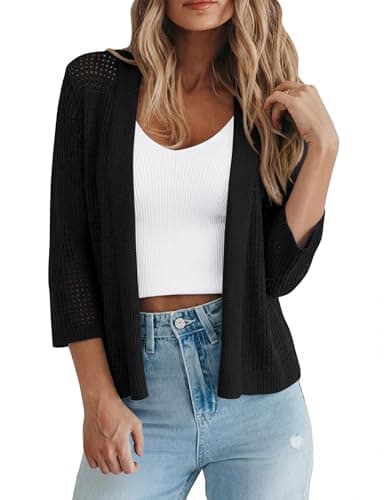 LOMON Shrug Cardigan for Women 3/4 Sleeve Casual Openwork Knit Sweater Tops Spring Black