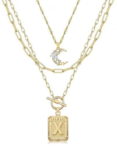 MJartoria Layered Initial Necklaces for Women Trendy, 14K Gold Plated Simple Moon Choker Square Letter Pendant Necklace, Paperclip Chain Necklace, Gold Necklaces Jewelry Gifts (Gold, X)