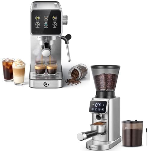 AMZCHEF 2-in-1 Coffee Maker Set, 48-Setting Conical Burr Coffee Grinder with Timer & 20 Bar Espresso Machine with Milk Frother, Compact Espresso & Grinding Station for Beginners to Home Baristas