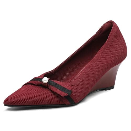 NEWBELLA Women's Bow Wedge Heels - Simple Knit Slip-On Pumps Pointed Toe, Comfortable Office Work Shoes with Block Heel, Burgundy 11