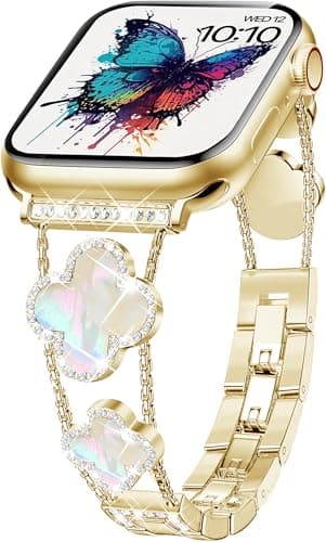 NYENEIL Compatible with Apple Watch Band 38mm 40mm 41mm 42mm Series 10 9 8 7 6 5 4 3 2 1 Smartwatch wistband Bracelet Strap Interchangeable Charms Dressy Bracelet iWatch Band for Women Gold+white