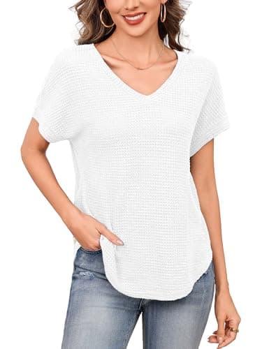 Totatuit Women's Short Sleeve Waffle Knit Tops V Neck Casual Summer Shirts Loose Fit Curved Hem Blouses Lightweight Soft Basic T-Shirts White