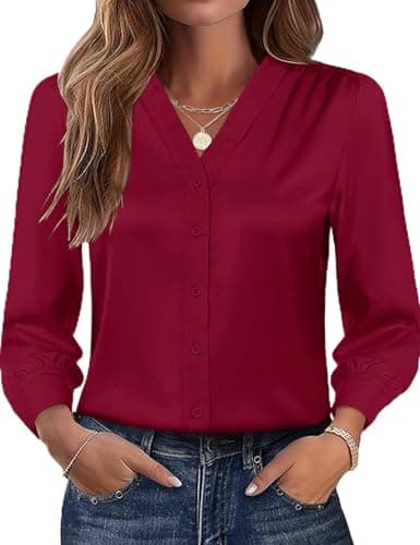 Rapbin Button Down Shirts for Women V-Neck Business Professional Tops Satin Silk Long Sleeve Blouses Old Money Clothes (Red, M)