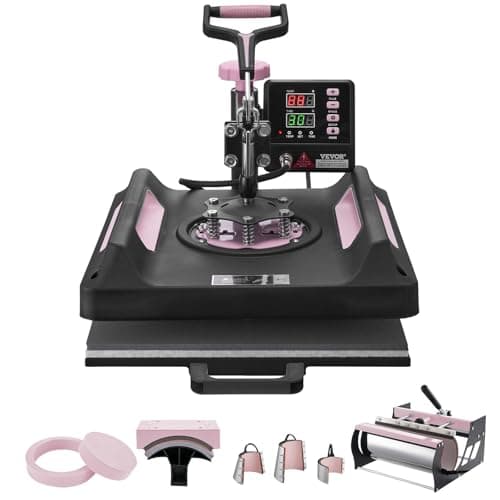 VEVOR Pro 15x15 Heat Press with 30 OZ Tumbler Attachment, 8in1 Combo Tumbler Hat Heat Press for T-Shirts, Tumblers Glass Cans Mugs Hats Caps, and Plates (Black & Pink)