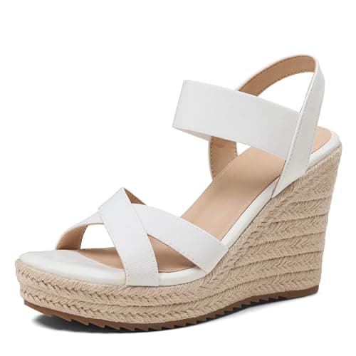 mikarka Women's Open Toe Espadrilles Wedge Sandal Slip On Elastic Ankle Strap Platform Sandals Dressy Comfortable Wedges Shoe White Size 5.5