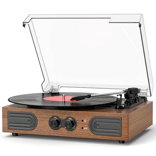 Vinyl Record Player with Built-in Stereo Speakers, 3-Speed Belt-Drive Turntable, Treble & Bass Control, RCA-Out/AUX-in, 3.5mm Headphone Jack, Walnut