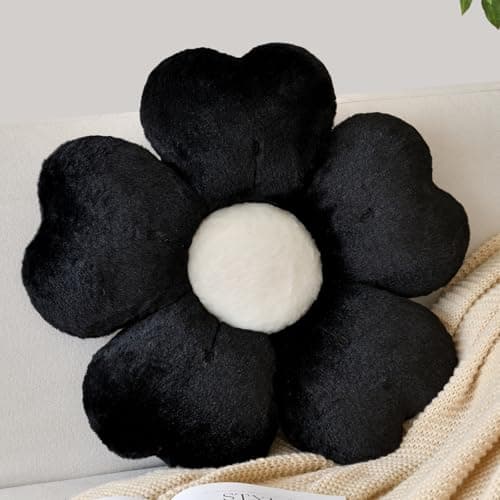 Flower Shaped Pillow, Cute Decorative Throw Pillows with Soft Rabbit Fur for Couch Bed Chair Floor, Christmas Pillow Seating Cushions with Room Décor for Bedroom Living Room(19.6 Inches, Black)