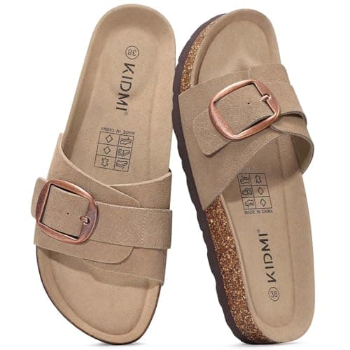 KIDMI Genuine Suede Cork Footbed Sandals for Women Comfortable Summer Slides with Buckle, Apricot 39