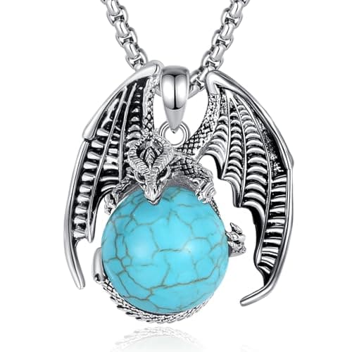 Vito Turquoise Dragon Necklace for Women Men, Crystal Turquoise Ball Dragon Pendant Lucky Protection Energy Amulet Jewelry Gift for Daughter Son, 22"+24"