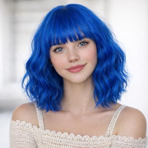 TIXBABY Blue Wig Short Bob Wavy Wig with Bangs for Women Blue Bob Wig Synthetic Heat Resistant Bob Wigs Curly Shoulder Length Synthetic Cosplay Wig