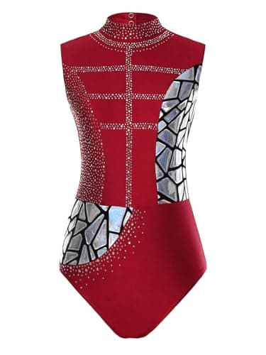 Winnrchan Women Shiny Rhinestones Gymnastics Dance Leotard Sleeveless Cutout Back Metallic Figure Skating Bodysuit Burgundy Small
