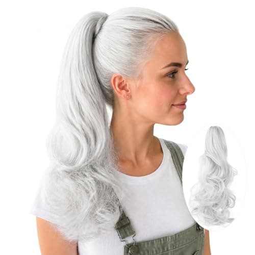 Qunlinta Clip on Ponytails for Women - 18" 20" Curly Ponytail Extension, Wavy Pony Tails Hair Extensions Silver Grey