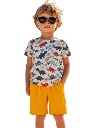 HILEELANG Boy Short Sets Summer Soft Cotton Casual Hawaii Vacation Dinosaur Yellow Chino Shorts Clothes Sets 7 Years