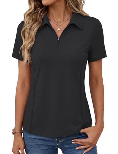 LOMON Black Golf Shirt Womens Sun Protection Polo Shirt UPF 50+ Short Sleeve V Neck Shirt Quick Dry Collared Shirt for Work (Black M)