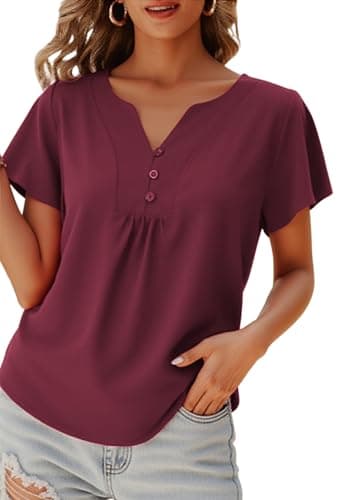 Angashion Women's Summer Tops Casual Floral Print V Neck Ruffle Short Sleeve Loose Tunic T Shirt Blouse 03WR XL