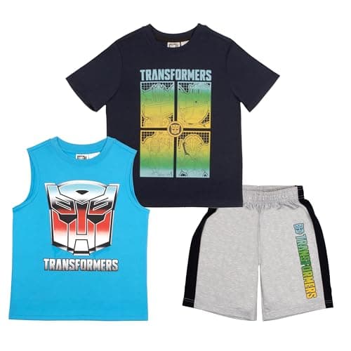 Transformers Boys 3 Piece Short Set Short Sleeve Shirt Tank Top and Shorts Set 3 Pack Bundle for Kids and Toddlers Boys Clothes (Navy Blue and Sky Blue Size 4)