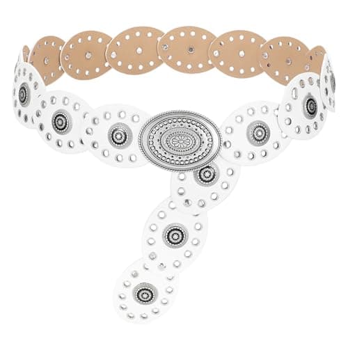 LEACOOLKEY Hollow Western Disc Belt for Dress Boho Concho Belt Vintage Country Waist Belts for Women