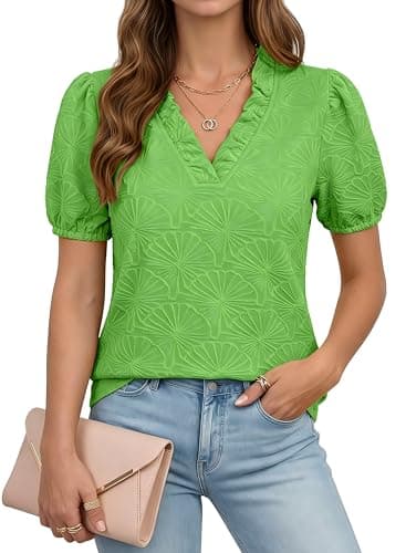 Dokotoo Womens Cute Summer Tops 2026 Trendy Spring V Neck Going Out Business Casual Pullover Tops for Women Loose Fit Short Sleeve Tee Shirts Fashion Plain Texture Ladies Blouses Green XLarge