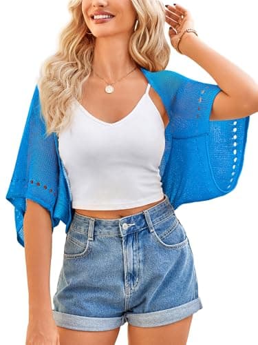 BB&KK Crochet Shrug for Women Summer Cardigan Bolero Lightweight Batwing Sleeve Open Front Hollow-Out Cropped Cover Up Blue M