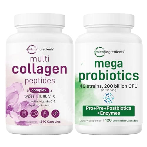 Micro Ingredients 8-in-1 Multi Collagen Pills & Mega Probiotics 200 Billion CFU Veggie Capsules | 2 Pack Bundle | Hydrolyzed Peptides + Hyaluronic Acid & Vitamin C | 40 Strains + Inulin & Bromelain