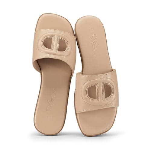 Athlefit Flat Sandals for Women Nude Square Open Toe Comfortable Slip On Beach Summer Slide Sandals Size 11