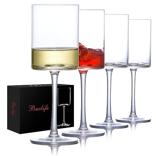 Wine Glasses Set of 4 - Hand Blown wine glass 15oz in Gift Packaging - Large White Wine Glass on Long Stem - Unique Modern Shape - For Wedding, Anniversary, Father’s Day