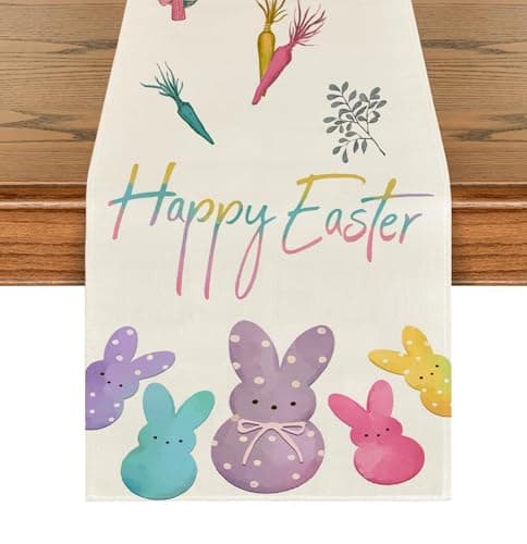 RABUSOFA Easter Table Runner Spring Summer Seasonal Holiday Carrots Rabbit Happy Bunny Kitchen Dining Easter Decorations for Home Party Decor 13x72 Inch