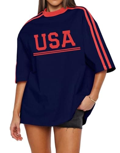 Dressmine Oversized USA Shirt for Women Striped Print Half Sleeve T Shirts Summer Round Neck Fourth of July Graphic Tees Navy Blue L