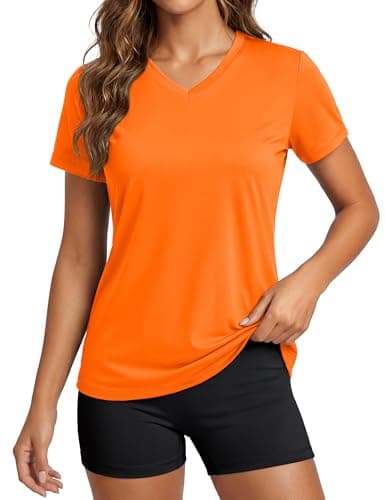 MAGCOMSEN Ladies Shirts Short Sleeve Workout Shirts V Neck Rash Guards Top Moisture Wicking Athletic T-Shirt Orange S