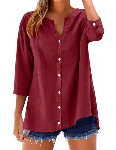 LOMON Womens Button Up Shirts Cotton Linen 3/4 Sleeve Tops V Neck Casual Loose Solid Blouse Burgundy S