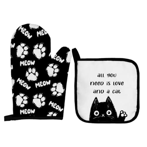 Qeheb Black Cat Oven Mitts and Pot Holders Sets, Black Cat Mom Lovers Gifts for Women Oven Mitts, All You Need is Love and a Kitty Kitten Over Mittens for Kitchen Decor, Pet Lover Over Gloves Gifts