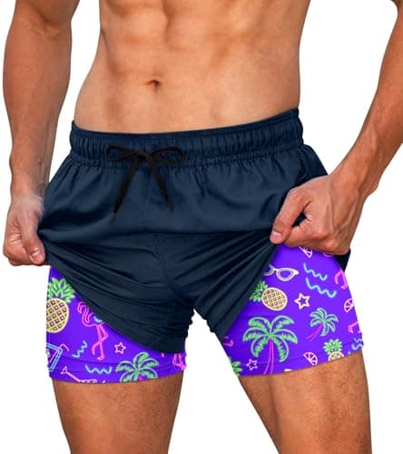 Cozople Neon Hawaiian Swim Trunks for Men Compression Liner Breathable
