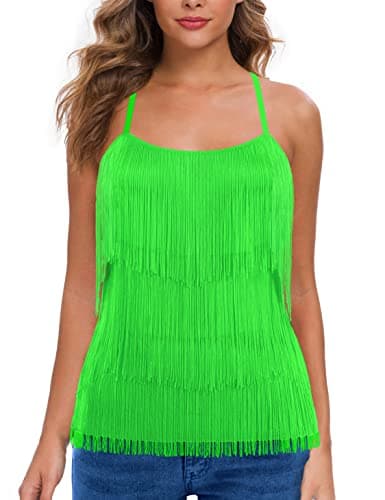 MANER Women’s Fringe Top Tassel Trim Cami Spaghetti Strap Tank Tops (X-Large, Green)