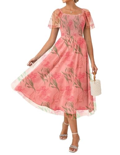 GRACE KARIN Women's Summer Floral Maxi Dress 2026 Square Neck Smocked Mesh Dresses Short Sleeve Party Wedding Guest Sundress Orange Pink M