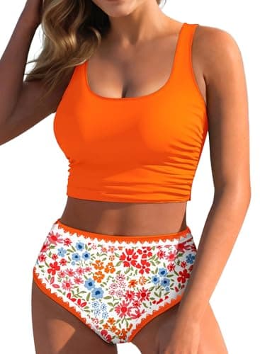 Pink Queen Women's Bikini Sets High Waisted Floral Print 2 Piece Bathing Suit Vintage Adjustable Straps Square Neck Crop Top Tummy Control Ruched Swimsuits Orange L